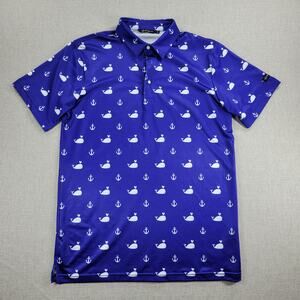 Golf Gods Mens Polo Shirt Size M Blue Anchor and Whale Print Short Sleeve Casual